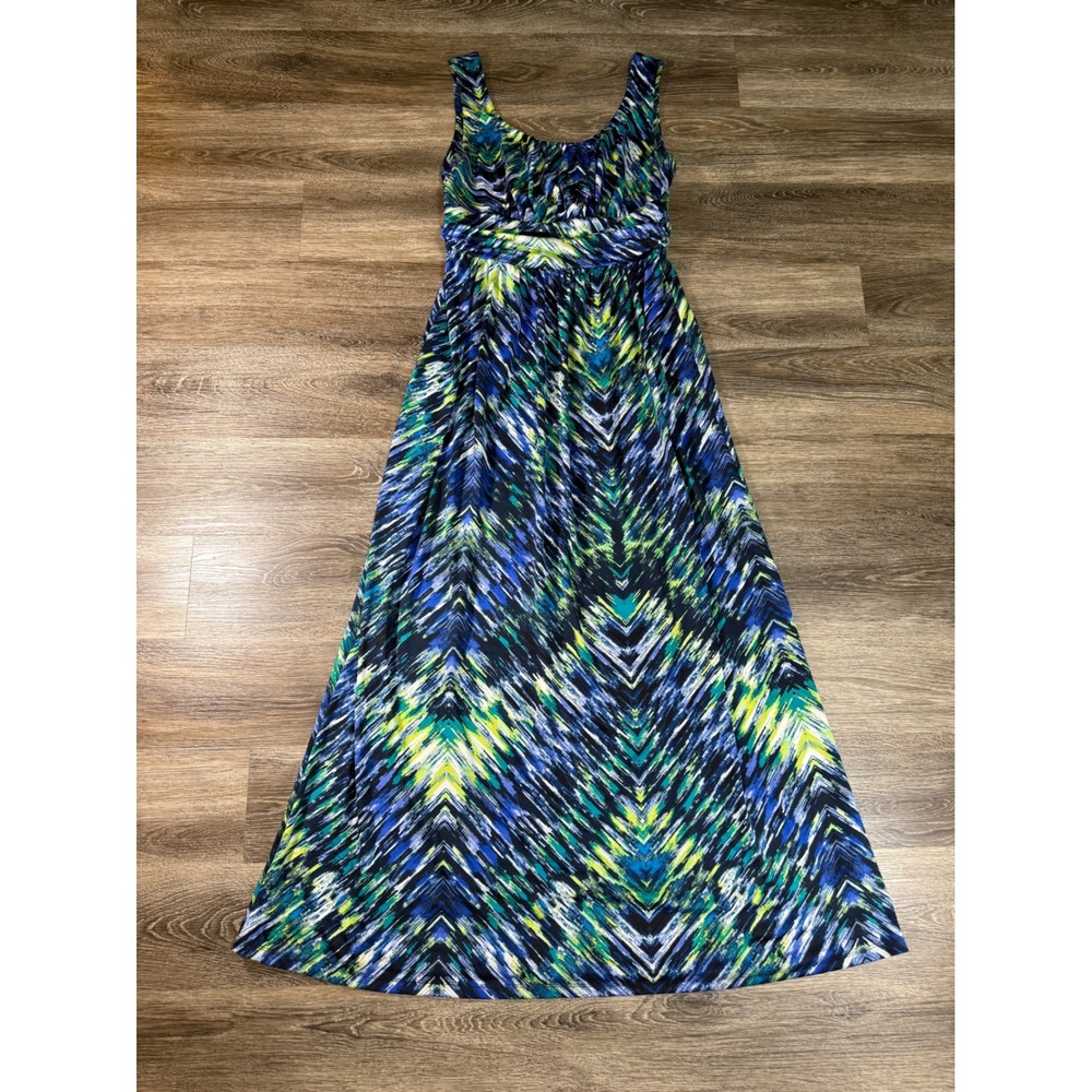 AB Studio Womens Babydoll Maxi Dress Blue Green Abstract 90s Sleeveless L Boho
